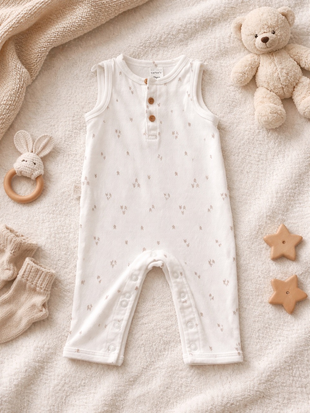 Carter's Cream Sleeveless Romper with Subtle Beige Designs